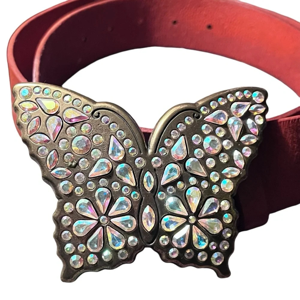 Western Leather AB Crystal Rhinestone Gold Tone Butterfly Brass Belt with Buckle